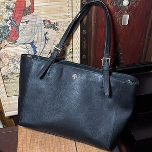 Tory Burch Black Tote Bag Gold Buckle Trim 11.5”Lx8.5”Hx4”W VGUC